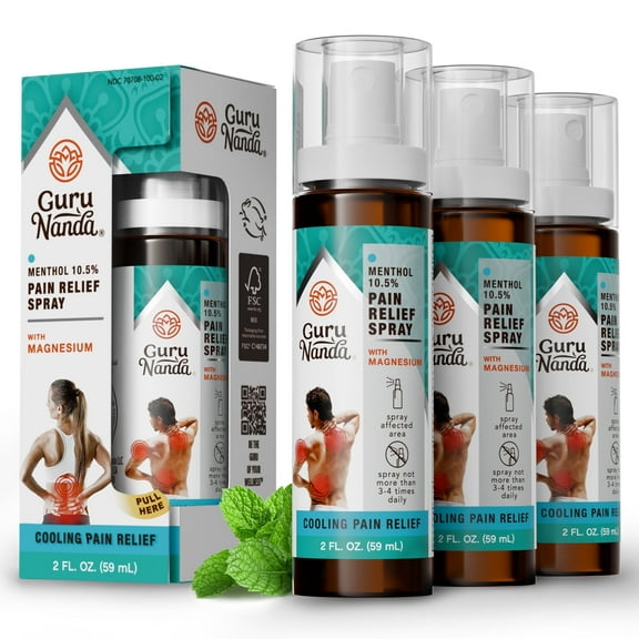 GuruNanda Menthol with Magnesium Spray for Pain Relief – 10.5% Menthol Cooling Spray for Muscle, Joint & Back Discomfort – No-Mess, Fast-Acting Relief, Pack of 3