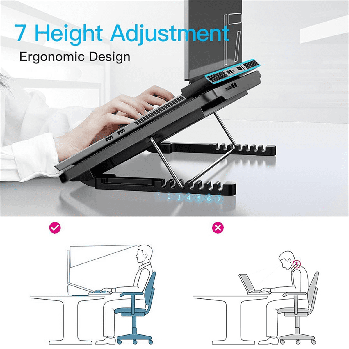 Laptop Cooling Pad Laptop Cooler with 6 Quiet Fans 7 Height & Wind Speed Adjustable 2 USB Port & Phone Holder