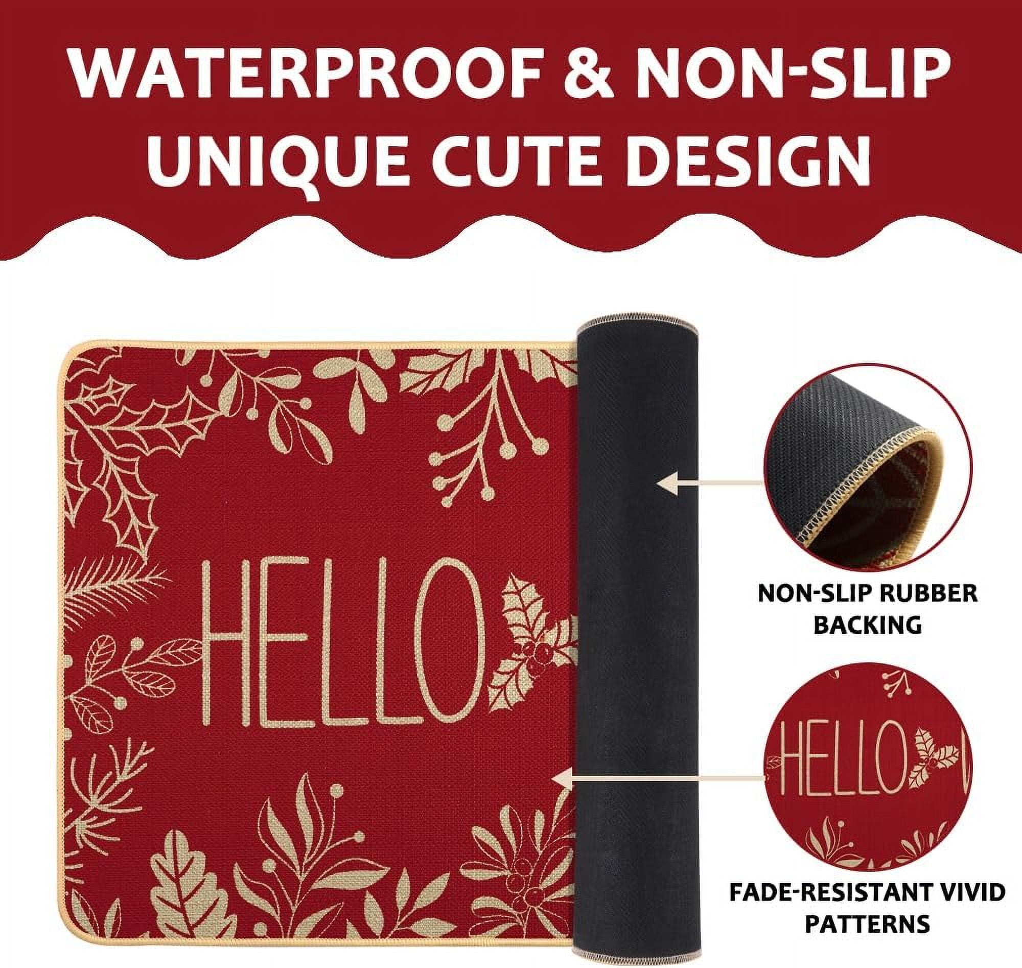 Hello Winter Door Mat Welcome Doormat, Winter Christmas Red Outdoor Rug Leaves Decor Floor Front Door Mat Non-Slip Entrance Mat for Home Kitchen Bathroom Decorations 17 X 30 Inch