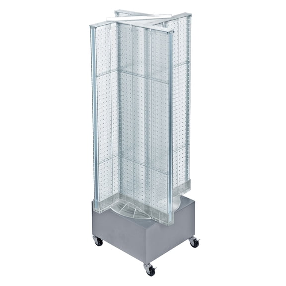 Pinwheel Pegboard Floor Display on Revolving Wheeled Base. Spinner Rack Stand. Panel Size: 13.5"W x 44"H