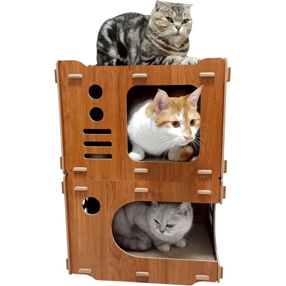 Wooden Cardboard Cat House 2 Story with 4 PCS Cat Scratch Pads Wood Cat Scratcher House Cat Scratchers Lounge Bed for Indoor Cats Cute Cat Box Cat Scratching House(Double Layer)