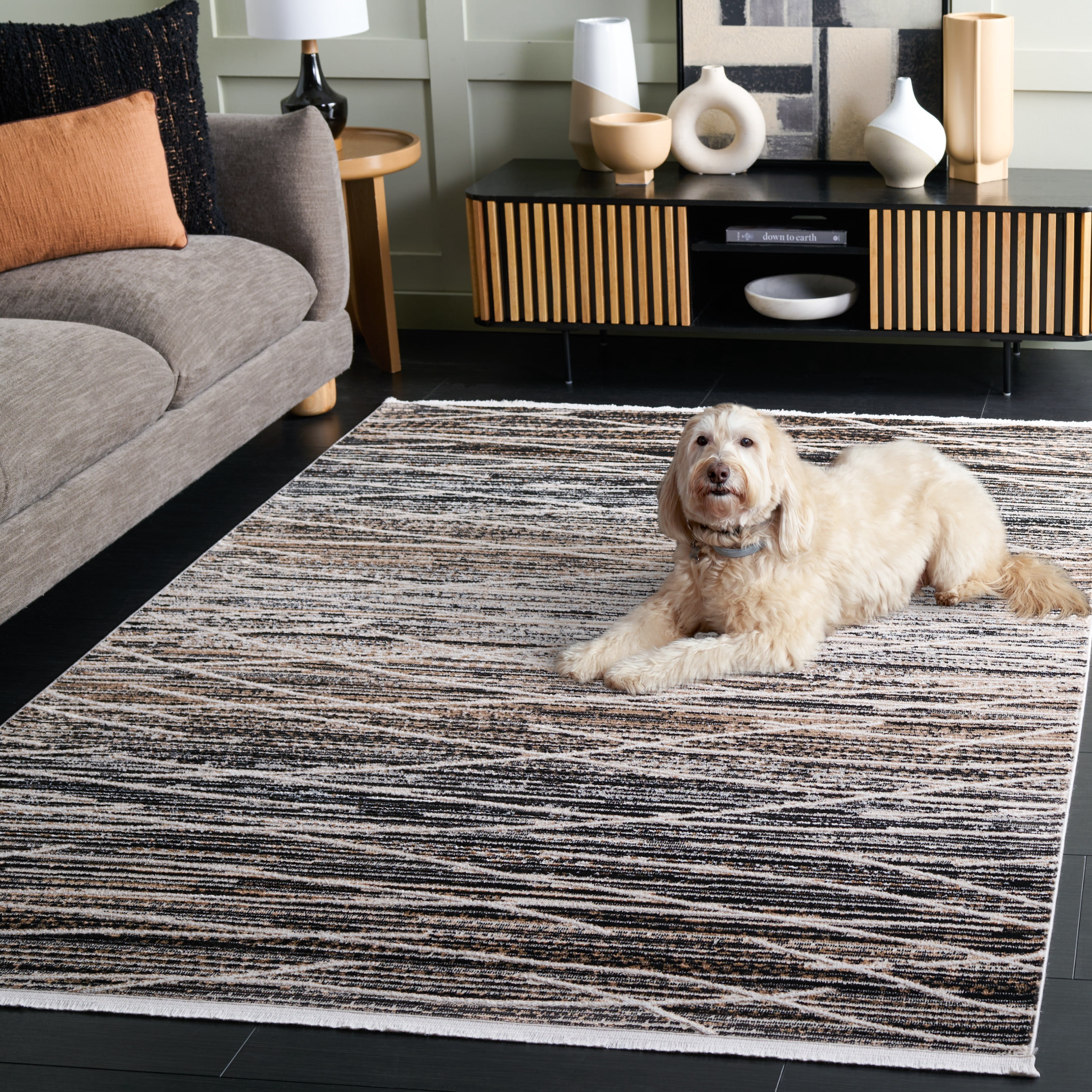 Safavieh Mila Anselmo Geometric Striped Polyester Area Rug, Black/Beige Ivory, 4' x 6'