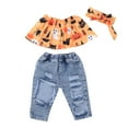 thumbnail image 2 of Franhais Toddler Girls Halloween Clothes Sets, Off Shoulder Tops+Hole Denim Pants+Cute Headband, 2 of 7
