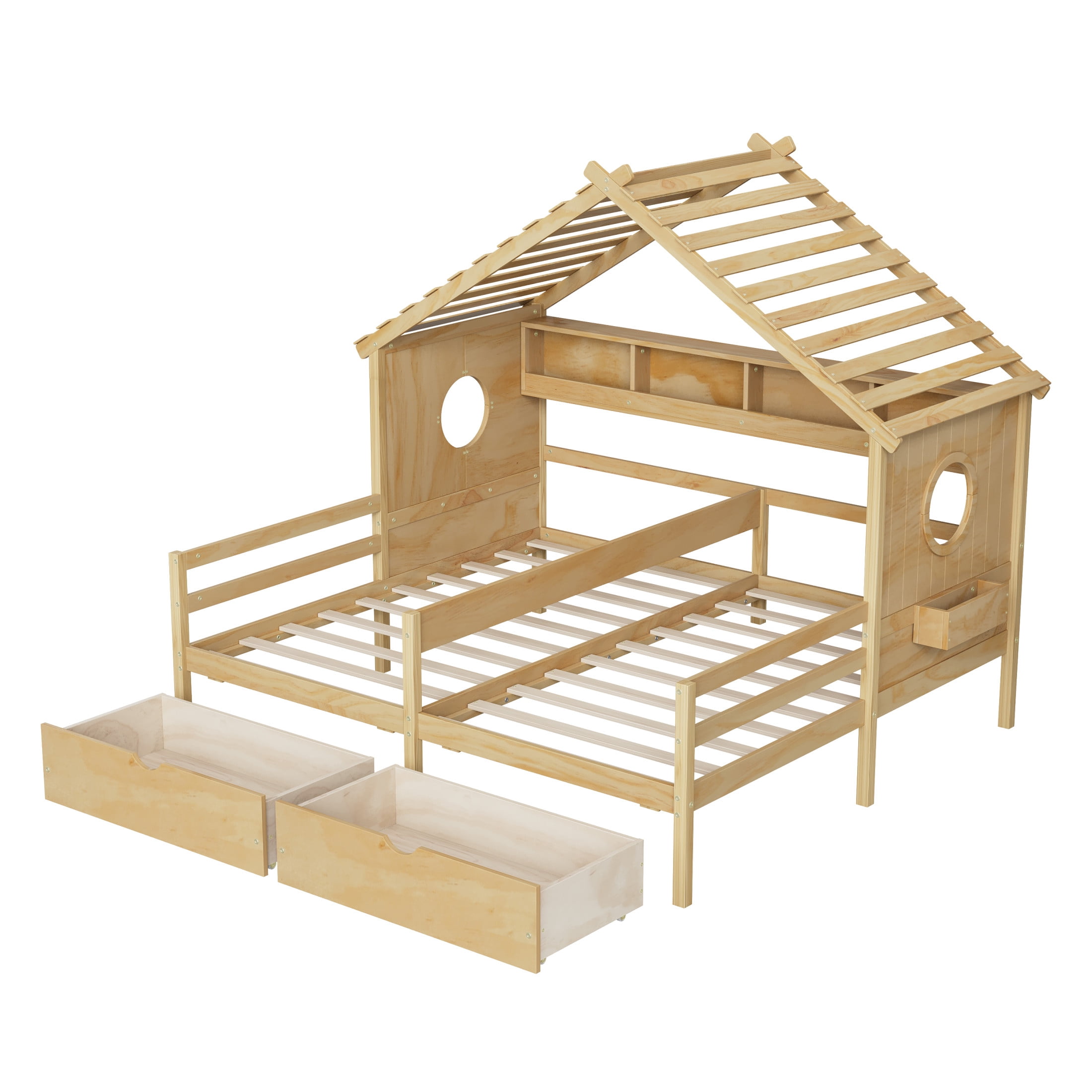 Noble House Twin Kids House Bed with Two Side-by-Side Beds, Bookcase and Under-Bed Drawers, Natural