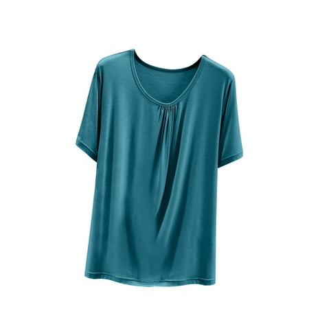 Women s Scoop Neck Short Sleeve Pleated Front Blouse Tunic Top Plus Size