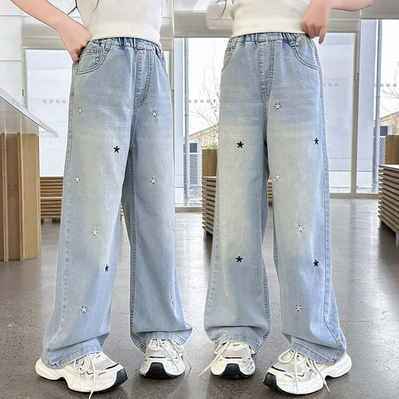 Jeans for Girls Fashion Personality Jeans for Kids Toddler Girls Elastic Waist Wide Leg Casual Demin Pants with Pockets Baby Girl Pants Light Blue 16 Years-17 Years