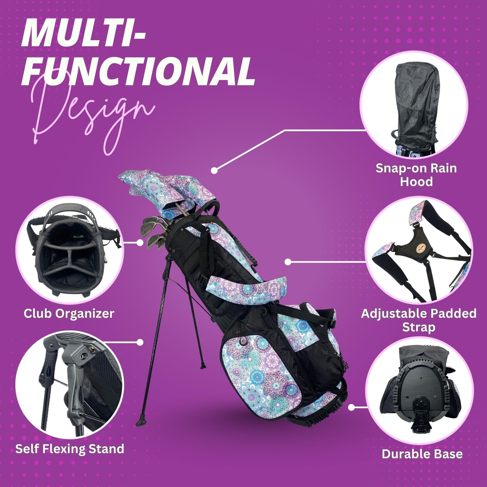 Women's Lightweight 4-Way Women's Golf Stand Bag | Taboo Fashions Stand Bag | Range Bag, Par 3, Executive Course | Self Flexing Stand, Adjustable Strap (Mandala Dreams)