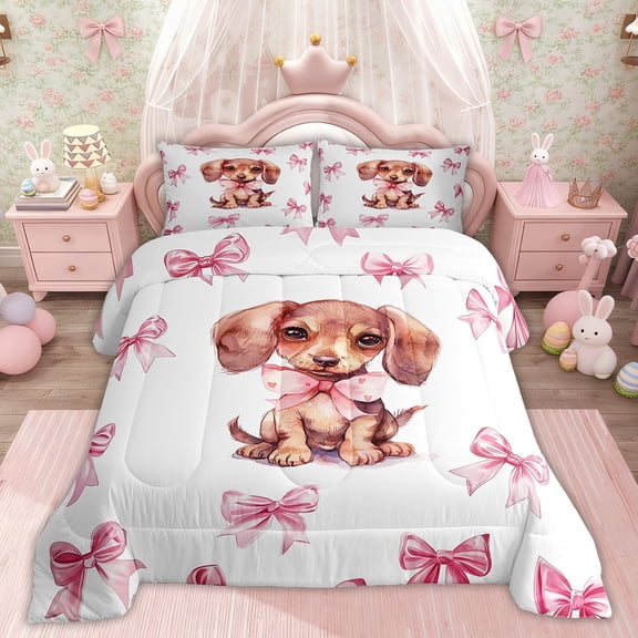 Erosebridal Pink Bow-Tie Bedding Sets Twinwith Comforter, Dachshund Duvet Insert, Kawaii Wildlife Decor, Reversible