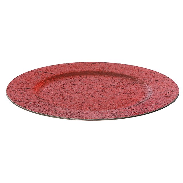 Set of 12 red glitter charger plates, each measuring 13 inches in diameter.