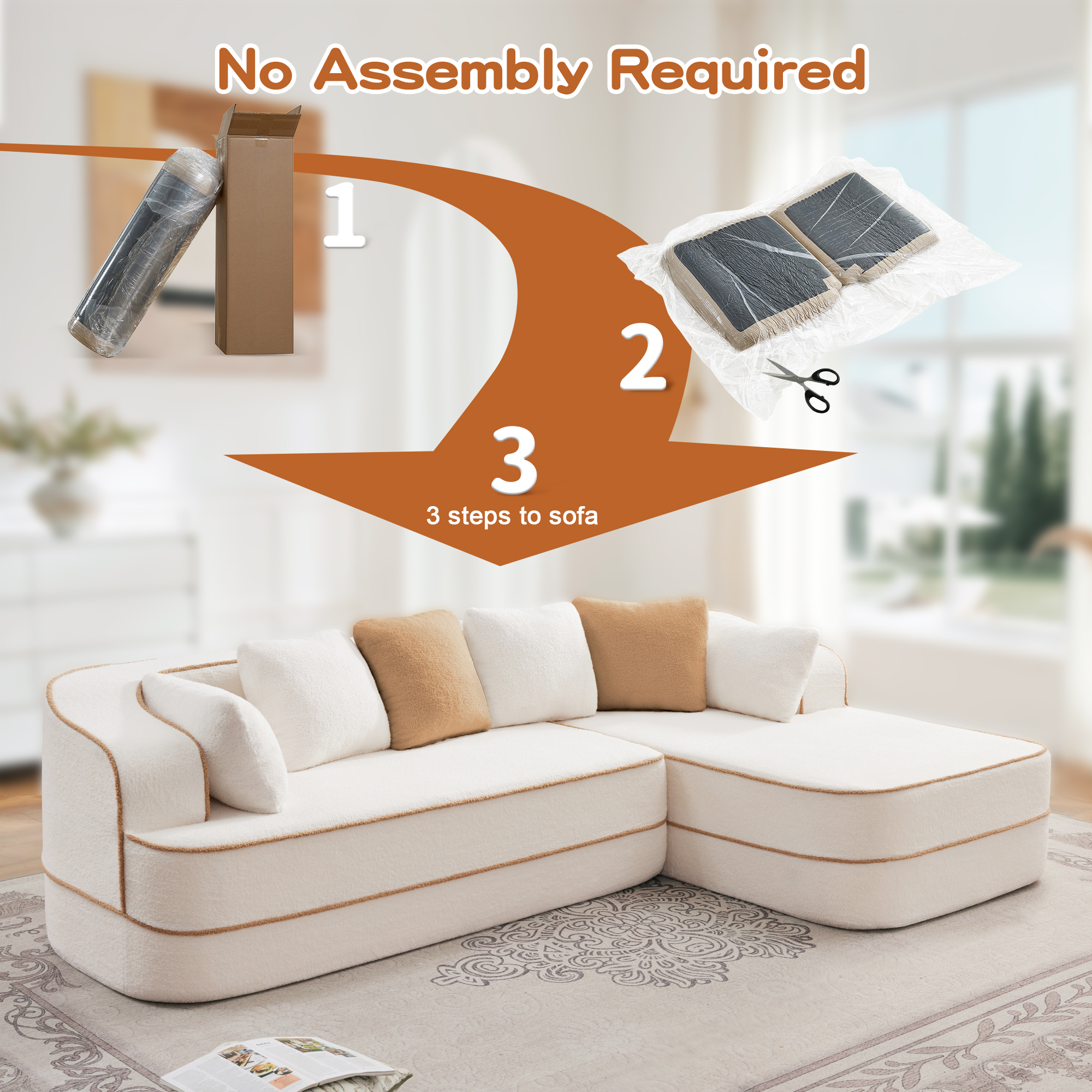 106" Teddy Fabric No Assembly 32D Boneless Sofa, Comfy Couch with L-Shaped Chaise for Living Room, White