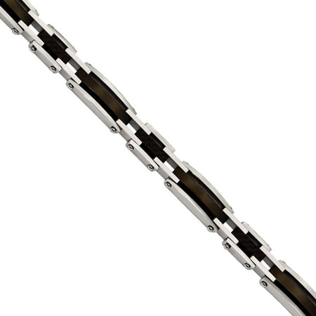 Primal Steel Stainless Steel Polished Black IP-Plated Solid Black Carbon Fiber Links Bracelet