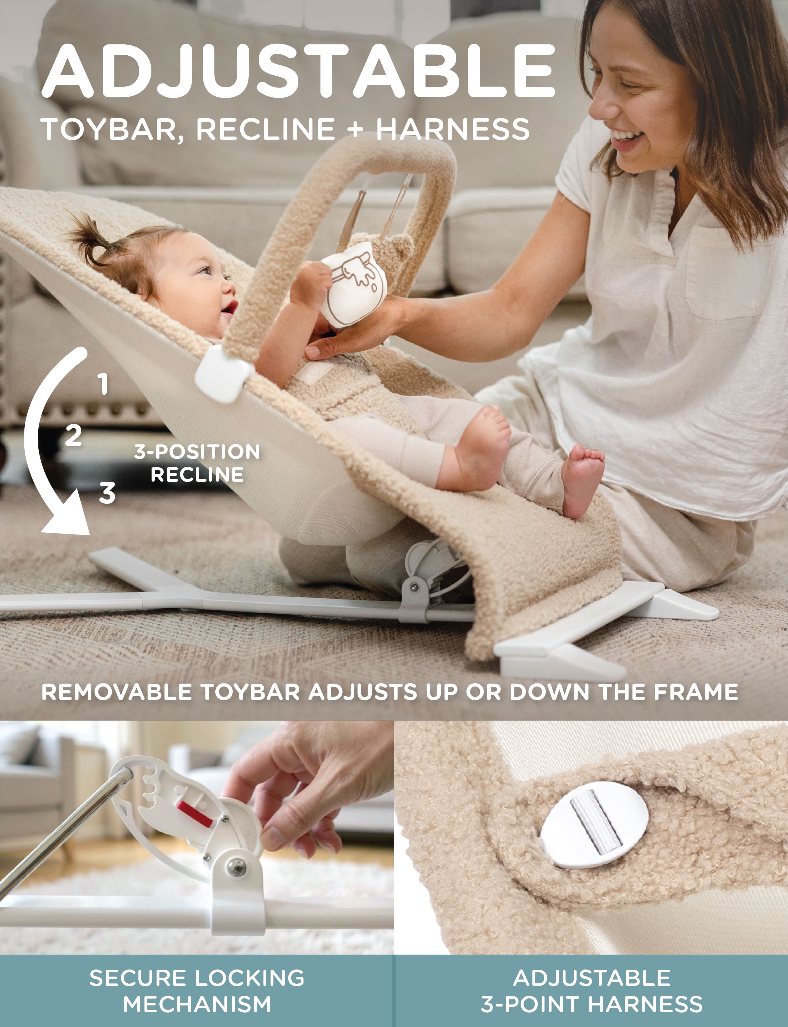Baby Delight Alpine Portable Baby Bouncer, Tan Sherpa, Plush & Lightweight with 3 Recline Positions, Tan Sherpa