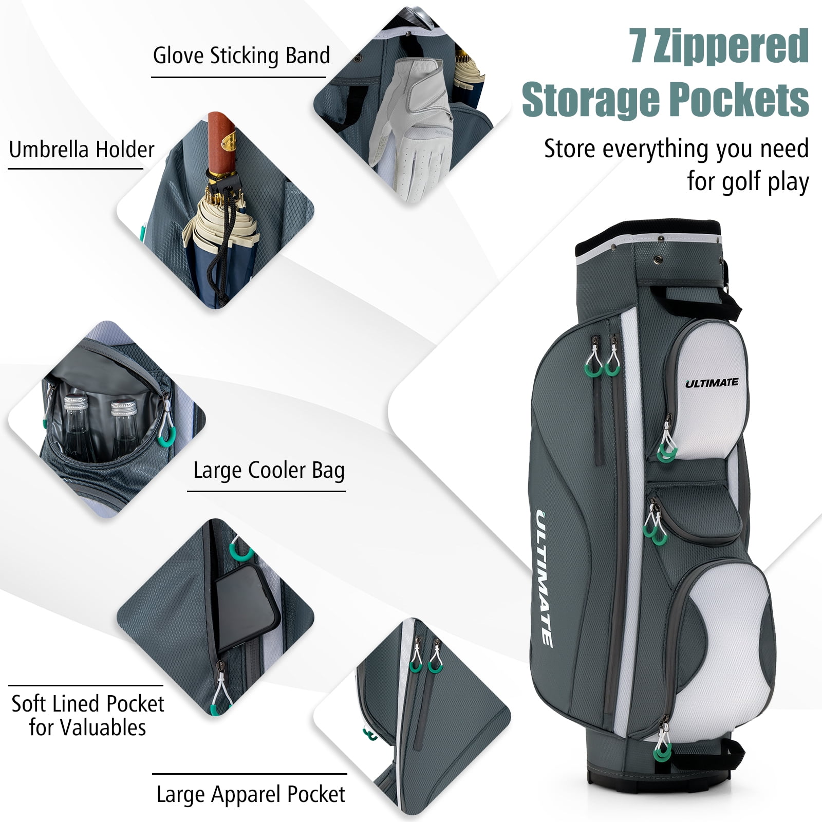 Topbuy Golf Stand Bag Lightweight Golf Cart Bag w/ 14 Way Top Full-Length Club Dividers 7 Zippered Pockets Valuables Pocket