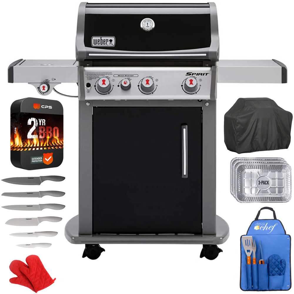 Weber 46810001 Spirit E-330 Gas Grill, Liquid Propane Bundle with 2 YR CPS Enhanced Protection Pack, Grill Cover, Aluminum Drip Pans (Set of 3), 12pc Knife Set, 3pc BBQ Tool Set and Pair of Oven Mitt - image 1 of 12