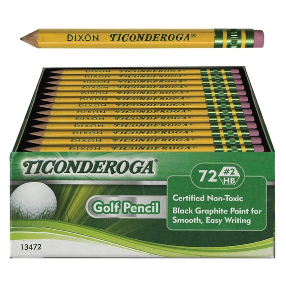 Ticonderoga Short, Golf Wood Pencils, Sharpened, Yellow,#2 HB, With Erasers, Yellow, 72 Count