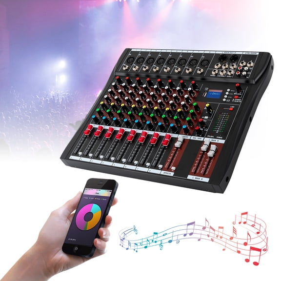 8 Channel Audio Mixer DJ Mixer, Professional Sound Board Mixing Console with Bluetooth USB Digital, Live Studio Audio Mixer 48V Phantom Power for Karaoke Streaming Recording
