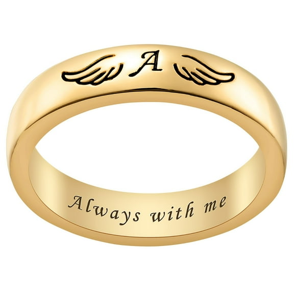 Personalized Planet 14K Gold Plated Initial and Angel Wing Memorial Ring ,Women's