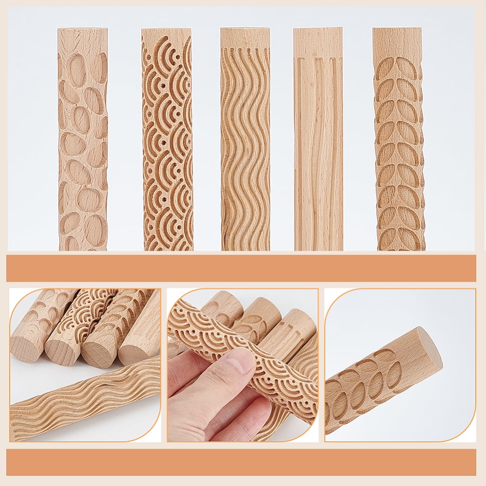5 Pcs 5 Styles Wooden Handle Pottery Tools Sea Wave Ripple Pattern Emboss Plaid Rollers Clay Modeling Pattern Rollers Kit