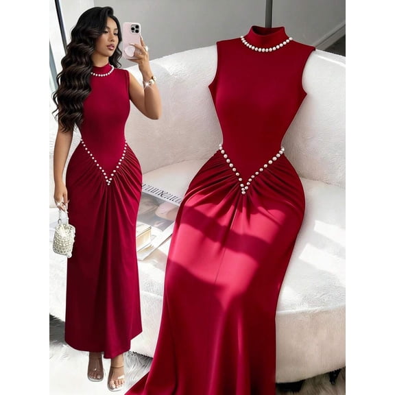 Burgundy Semi-High Neck Sleeveless Knitted Pleated Maxi Dress With Pearl Embellishment, Elegant Evening Gown