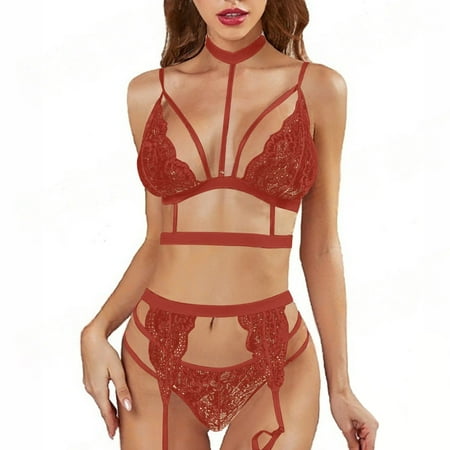 Goodeals Online Deals Women Lace Lingerie Set  Fashion Three Piece Underwear Set  Lightweight Summer Breathable Bras with Garter Belt(Yellow XXL)