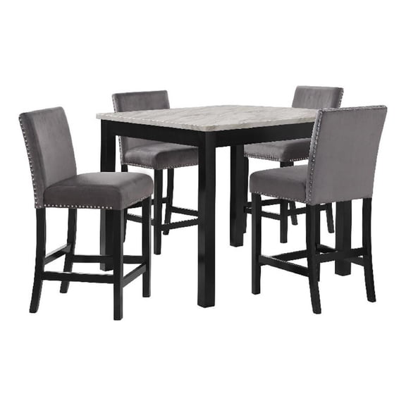 Benjara Kate 42" 5 Piece Counter Table Set with Velvet Seating- Gray