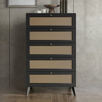 Castle Place Rattan 5 Drawers Wooden Dresser, Black