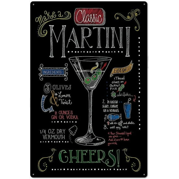 Original Retro Design Classic Martini Cocktail Recipe Tin Metal Signs Wall Art | Thick Tinplate Print Poster Wall Decoration for Bar