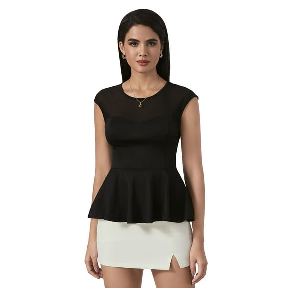 OYOANGLE Women's Contrast Sheer Mesh Cap Sleeve Blouse Flared Ruffle Hem Tops Black S