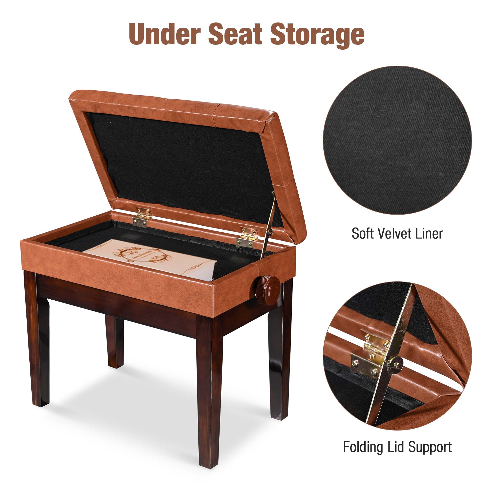 Yescom Piano Bench Adjustable Height PU Leather Padded Keyboard Organ Seat Throne Storage
