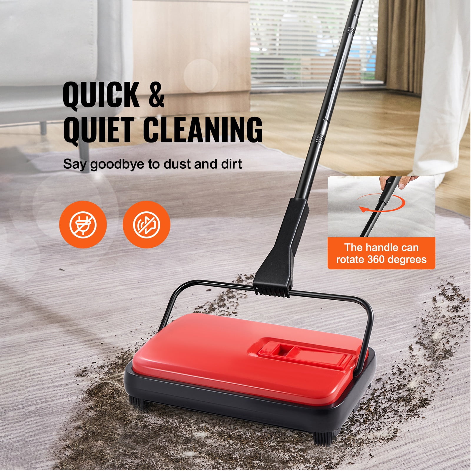 Carpet Sweeper Manual, Floor Sweeper with 300 ml Dustbin Capacity Easy to Empty, 6.7 inch Cleaning Width for Home Office Carpets Pet Hair Dust Red