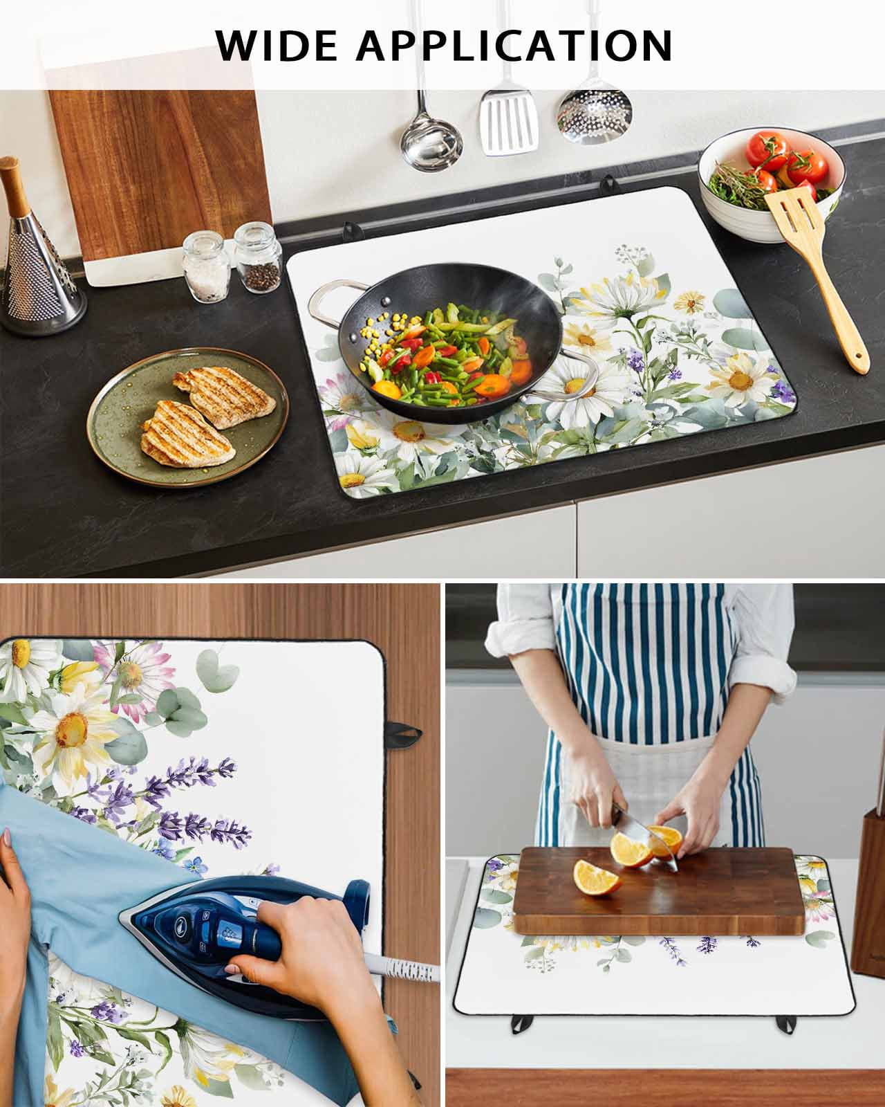 Large Induction Cooktop Protector Mat Spring Daisy Stove Top Covers for Electric Stove, Country Botanicala Flowers Eucalyptus Trees Decorative Stove Burner Cover Mats, Glass Top Stove Cover