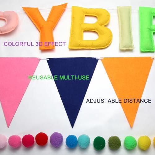 Colorful Felt Ball Birthday Banner Garland, Rainbow Triangle Pennant Flags for Party Decorations, Bulk Multicolor Bunting String for Celebrations