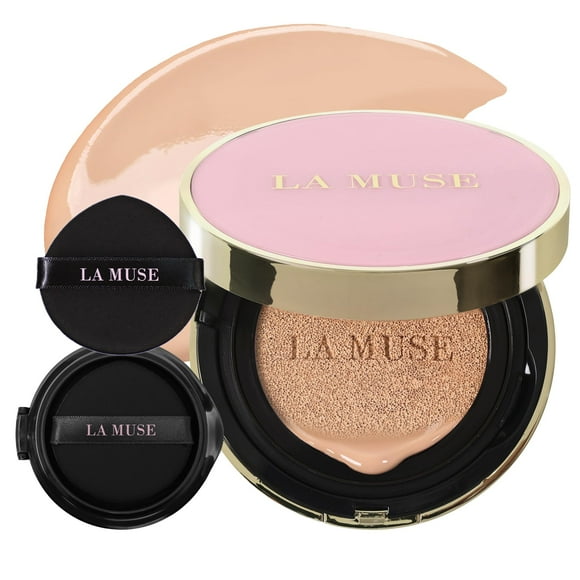 LA MUSE Glow Cushion(1 Refill Included) | Long-Lasting, Lightweight Full Coverage | Hydrating, Glass Skin with Dewy Finish | All Skin Types, Korean Cushion Foundation (Neutral