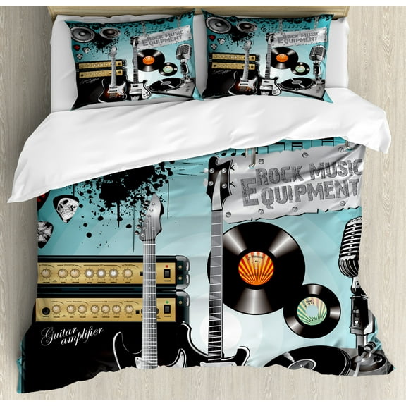 Rock Music Duvet Cover Set King Size, Concert Pattern Guitars and Records with Giant Speakers Ornamental Arrangement, Decorative 3 Piece Bedding Set with 2 Pillow Shams, Multicolor, by Ambesonne