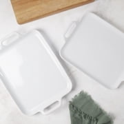 Denmark Tools for Cooks 2 Piece Stoneware Rectangular Serving Trays Platters Set with Handles, White