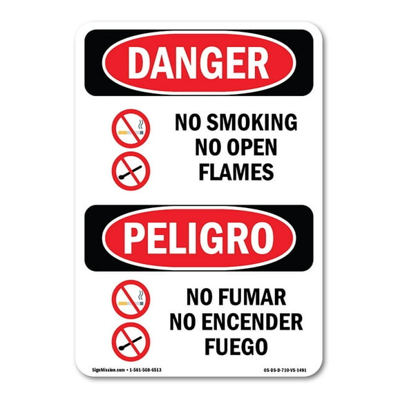OSHA Danger Sign - No Smoking No Open Flames Bilingual | Decal | Protect Your Business, Construction Site, Warehouse & Shop Area |  Made in The USA