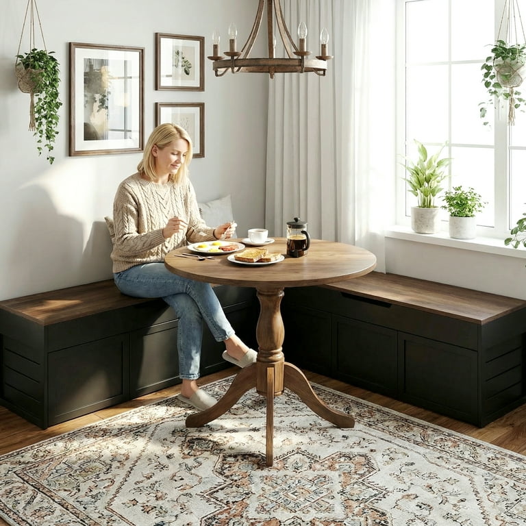 Advwin L-Shaped Corner Storage Bench, Backless Wood Bench with
