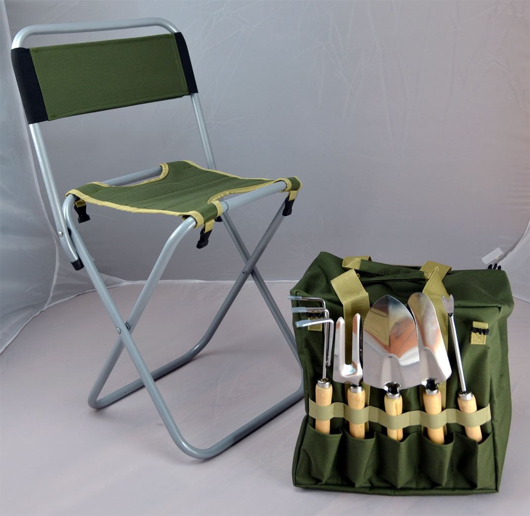 10-Piece Gardening Tool Set With Tote Bag And Folding Stool Seat