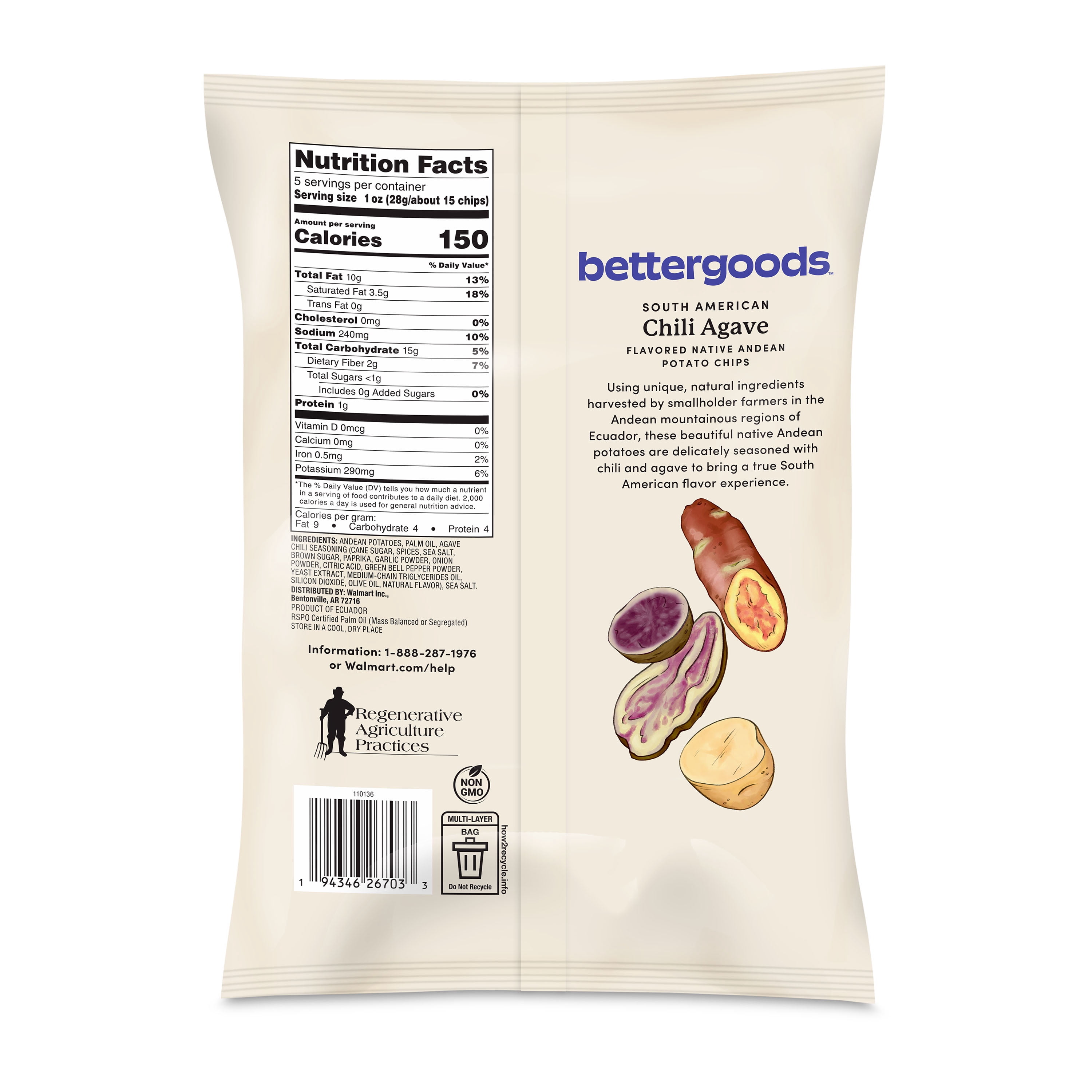 bettergoods South American Chile Agave Flavored Heirloom Andean Potato  Chips, 5 oz (P65) - Walmart.com