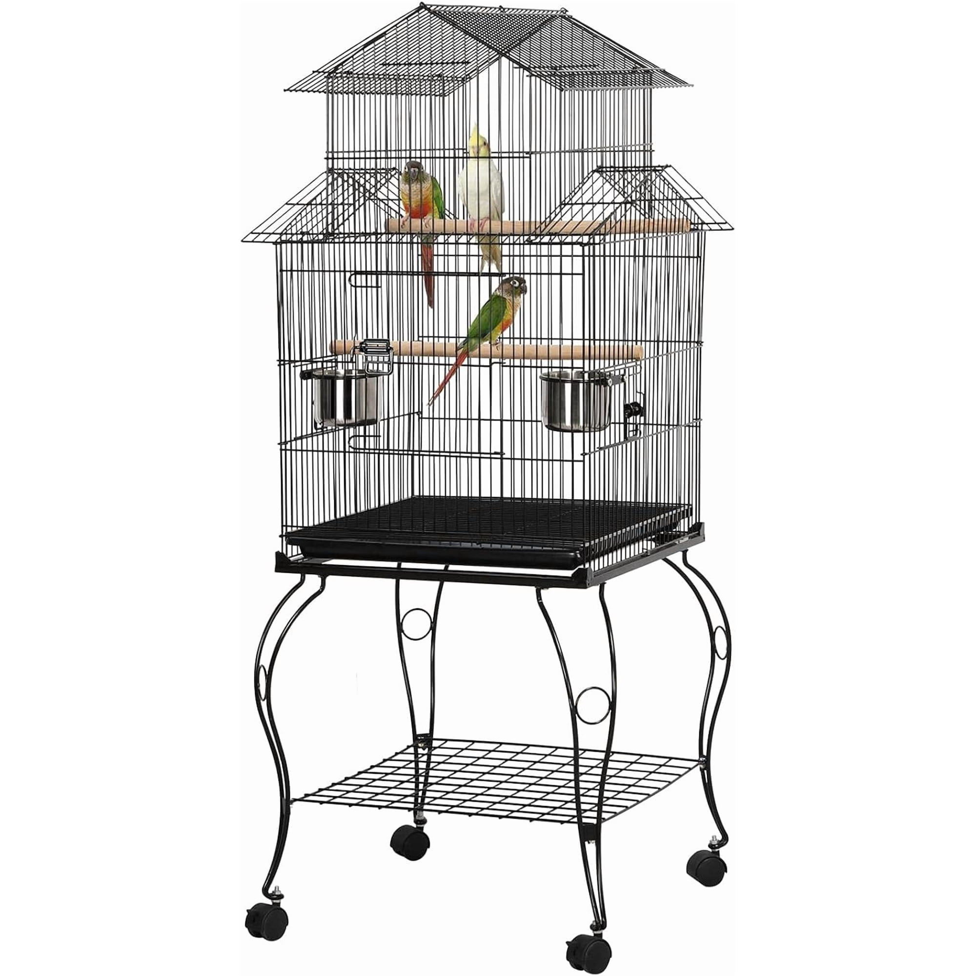 55" Triple Roof Bird Cage w/Rolling Stand & Storage for Cockatiels, Quakers, Indian Ringnecks, Conures & Small/Medium Parrots