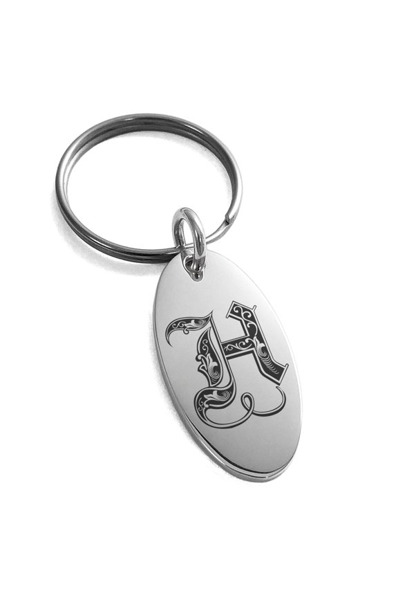 Stainless Steel Letter H Initial Royal Monogram Engraved Small Oval Charm Keychain Keyring