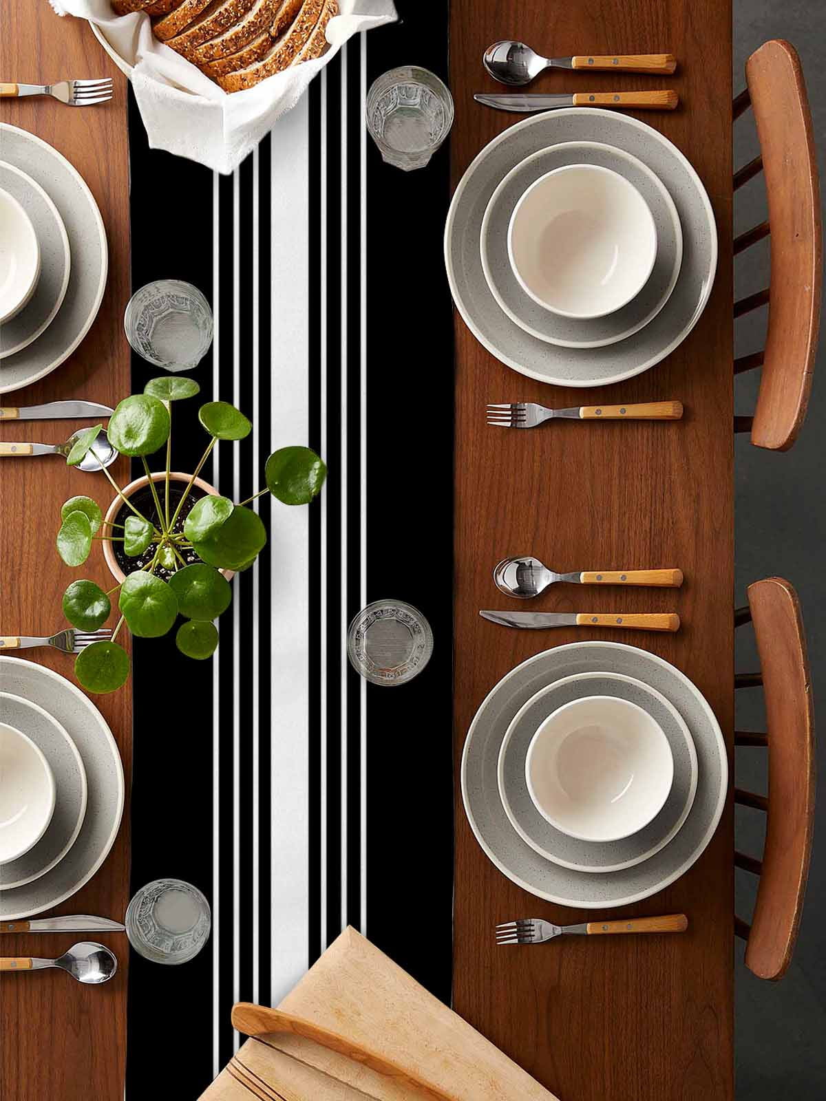 Modern Black White Striped Table Runner-70 Inch Long Abstract Minimalist Art Table Runners Linen Burlap Tablerunner for Kitchen Dining Room Holiday Party