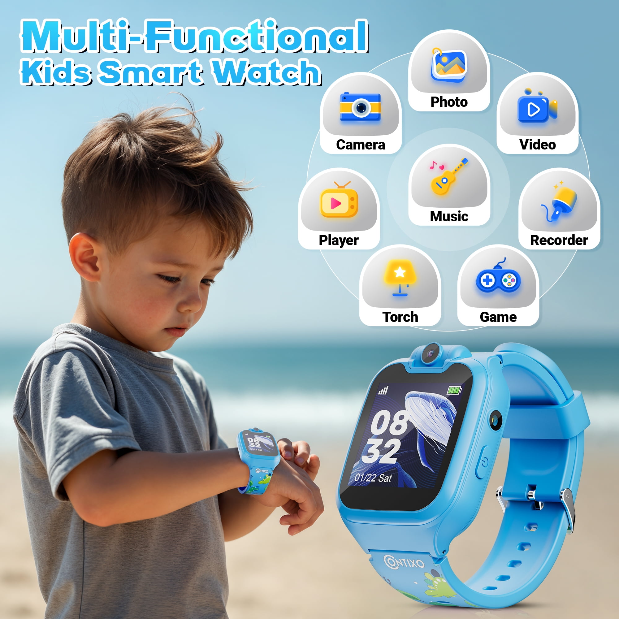 Contixo Kids Smart Watch with 1.54” HD Touch Screen, Kids Watch with 16 Educational Games and Rotating Camera, Blue