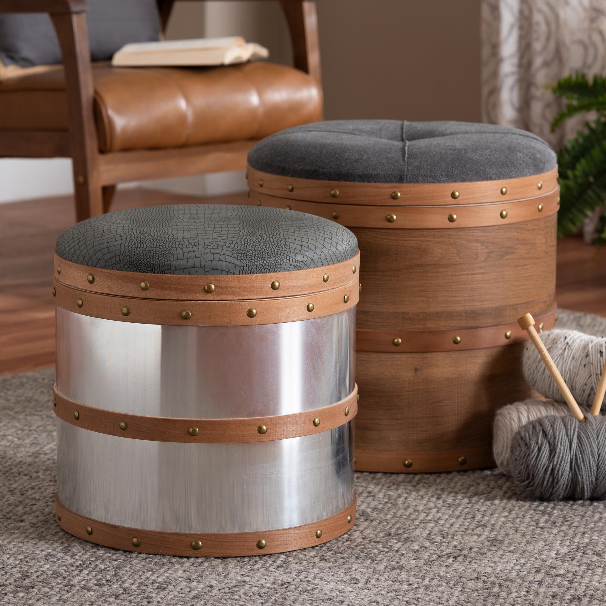 Baxton Studio Caleb Modern Grey Fabric and Alligator Faux Leather 2-Piece Storage Ottoman Set