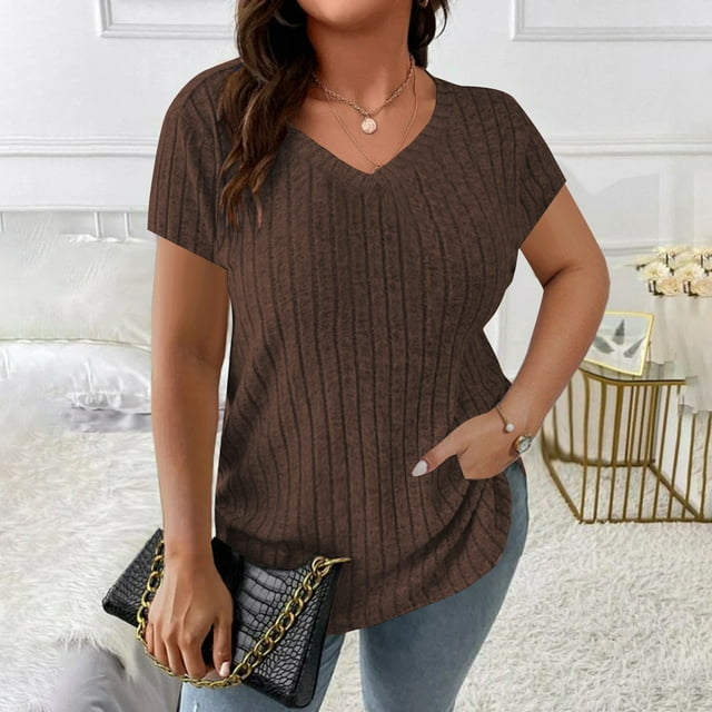 JMKQLZ Haut d'Été pour Femmes Grande Taille Couleur Unie Col Rond Rayé Tricoté Manches Courtes