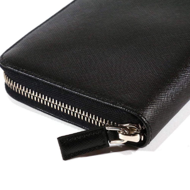 New Prada Saffiano Active Black Leather Stripe Zip Around Wallet