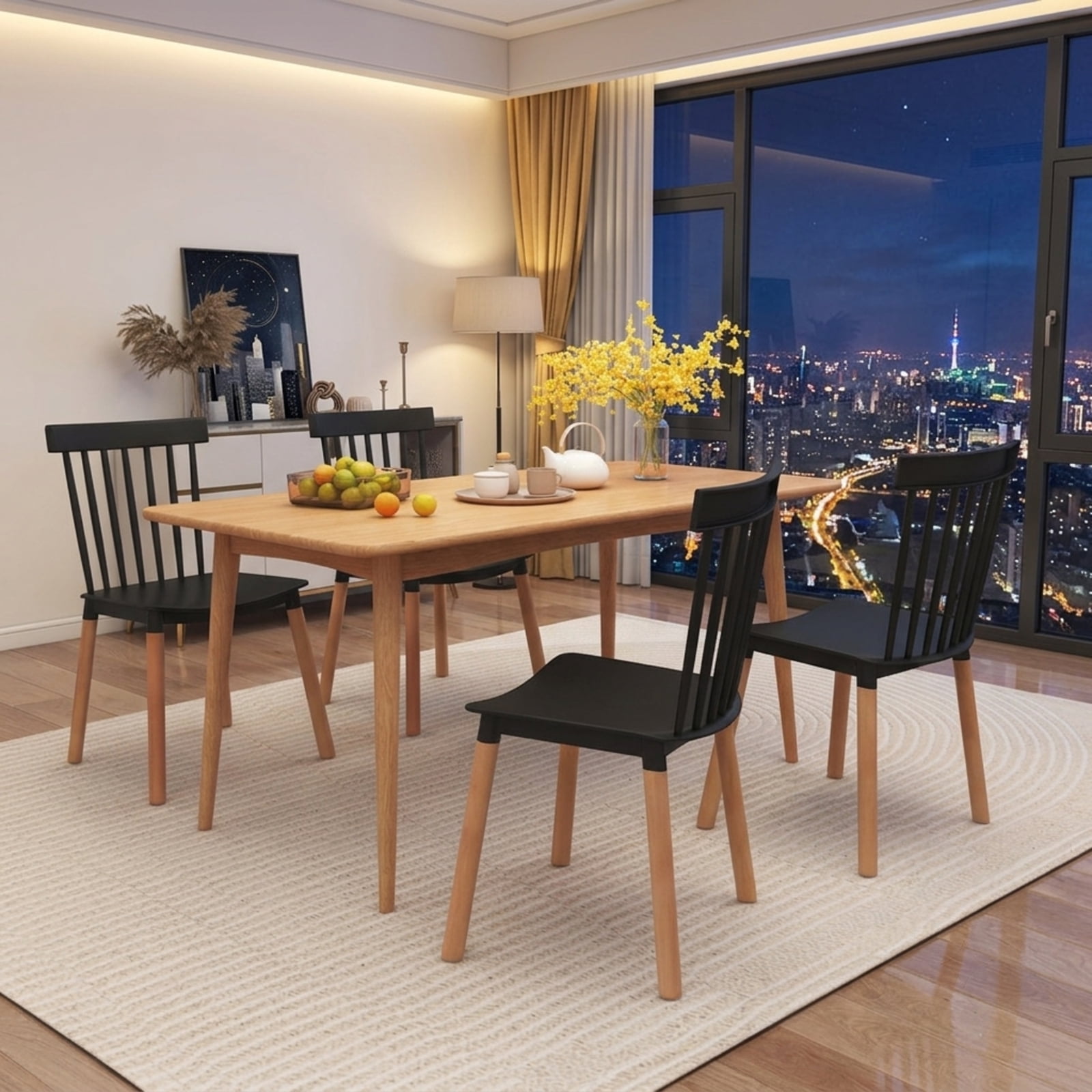 Furnibear Set of 4 Windsor Dining Chairs with Spindle Backs and Curved Seats for Kitchen Dining Room Living Room Home, Black