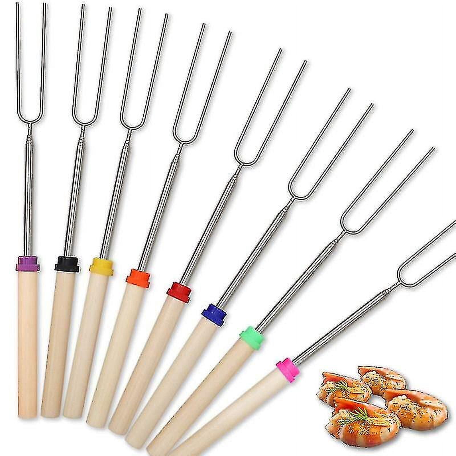 Pinchos Telescópicos Para Barbacoa - Pack De 8 Unidades, Acero Inoxidable, Mango De Madera, Ideales Para Malvaviscos Y Brochetas