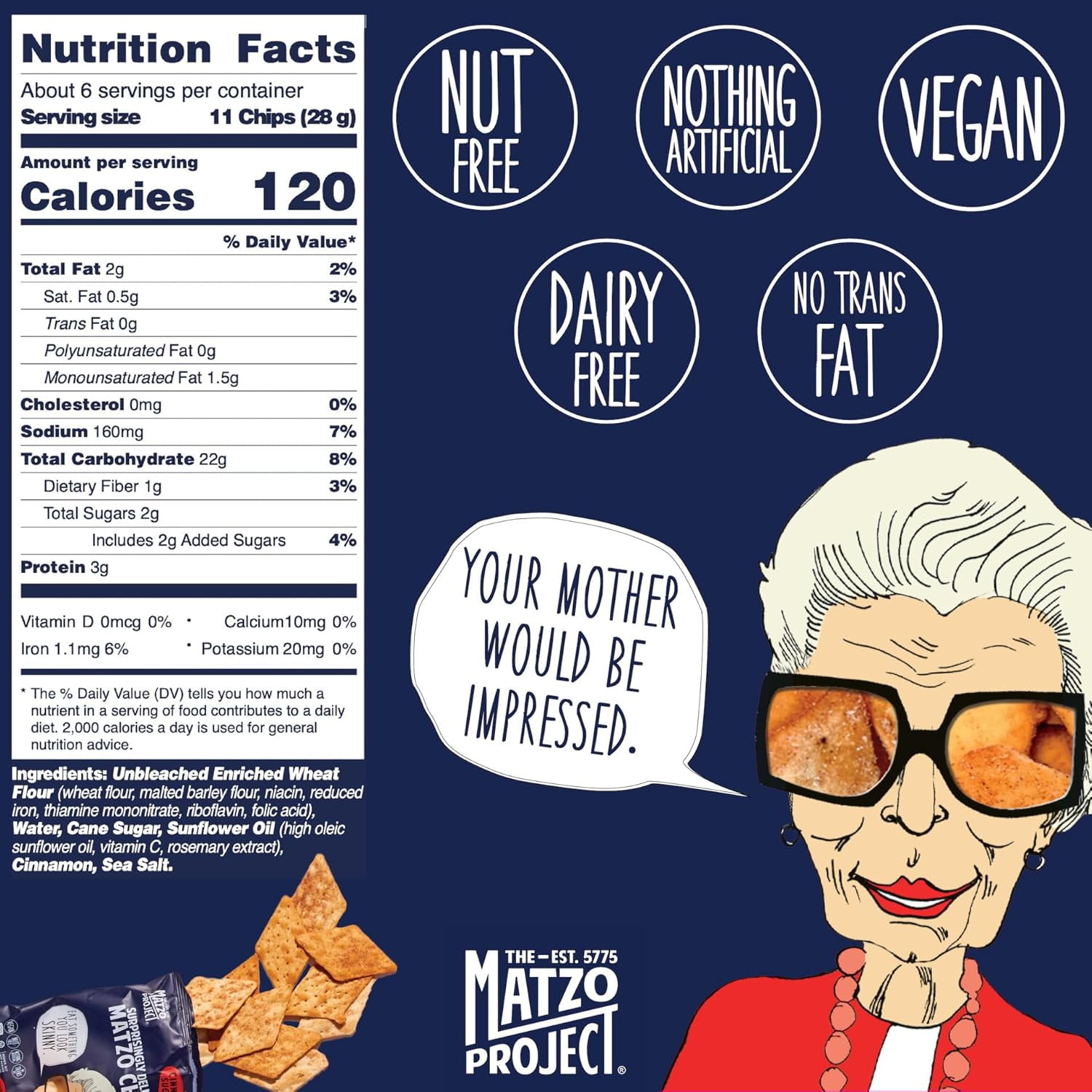 The Matzo Project Matzo Chips, Cinnamon Sugar, Kosher (But Not Kosher for Passover), Vegan, Nut-Free, No Trans Fat, Nothing Artificial, 6 oz