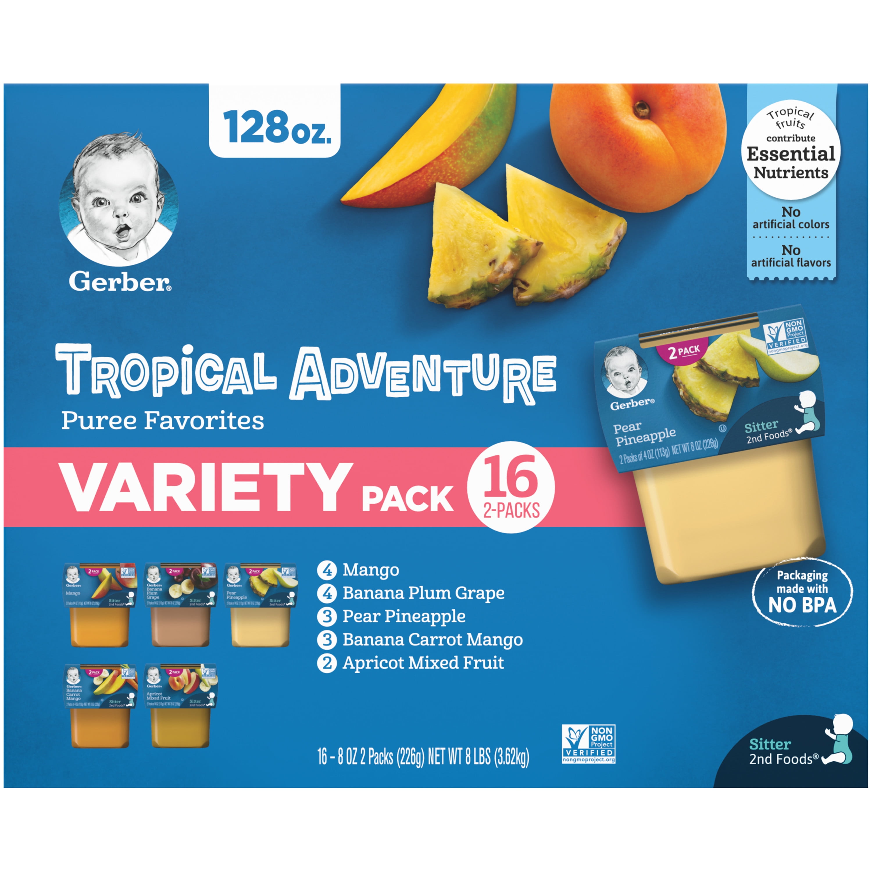 Gerber 2nd Foods Baby Food, Tropical Adventure Variety Pack, 2 oz Tubs (32 Pack)